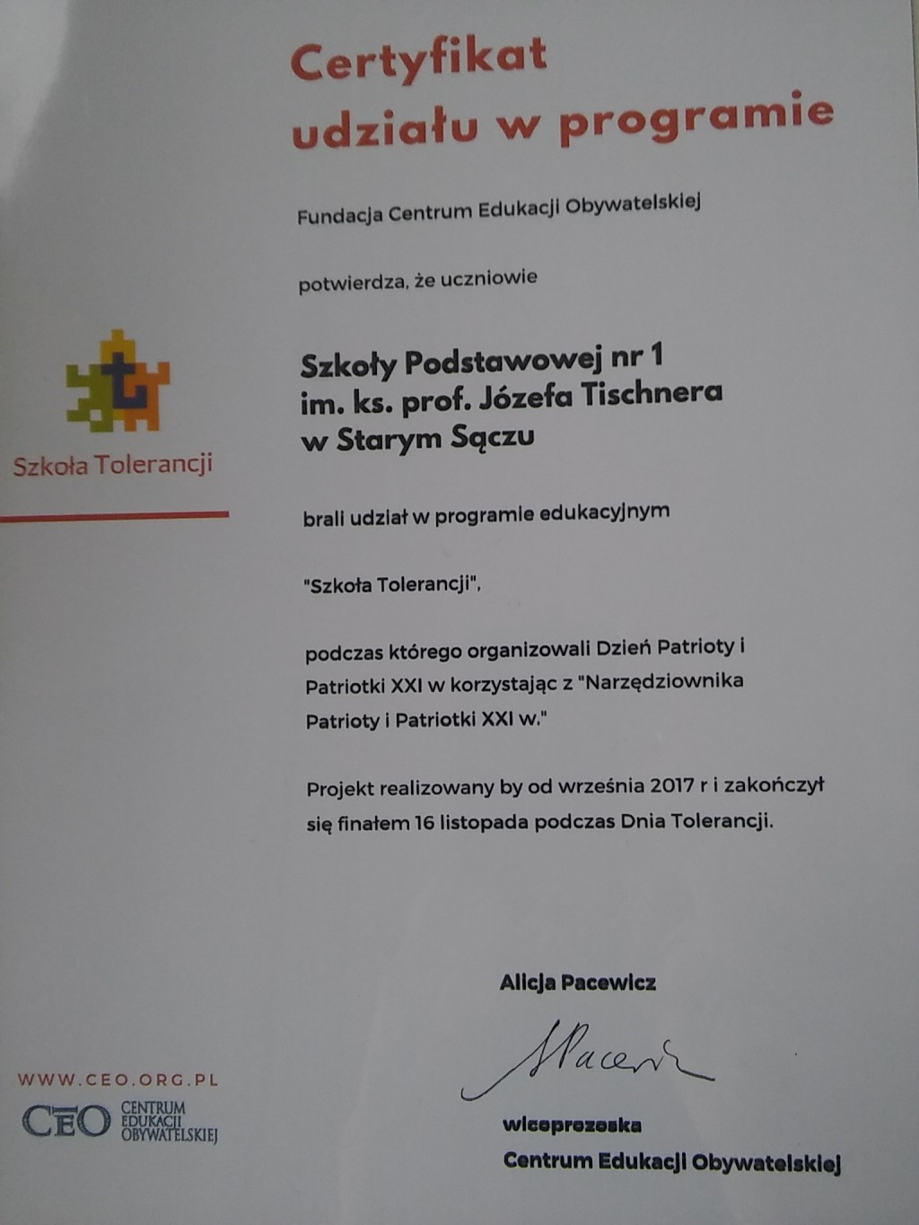 Certyfikat „Szkoły Tolerancji”  dla starosądeckiej SP1!