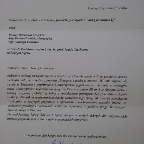 Pismo Kanclerz UJ do młodzieży SP1