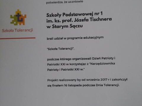 Certyfikat „Szkoły Tolerancji”  dla starosądeckiej SP1!