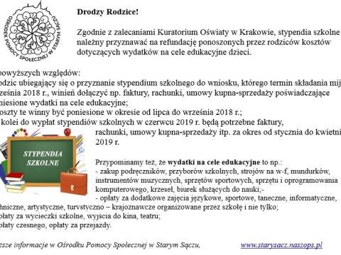 Informacja do rodziców - stypendia 2018-19 OPS Stary Sacz