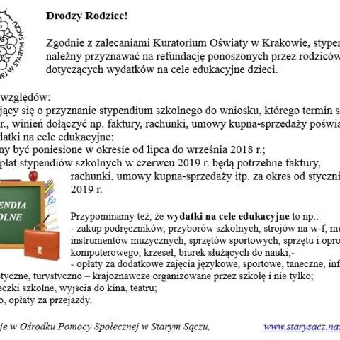 Informacja do rodziców - stypendia 2018-19 OPS Stary Sacz