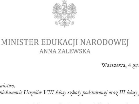 List Minister Edukacji Narodowej do rodziców klas VIII i klas III - rekrutacja do szkoły średniej.