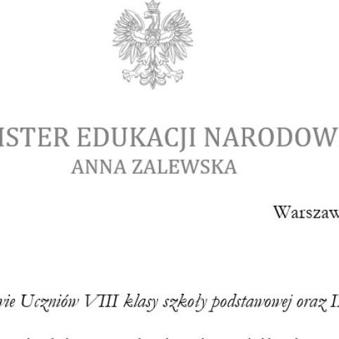 List Minister Edukacji Narodowej do rodziców klas VIII i klas III - rekrutacja do szkoły średniej.