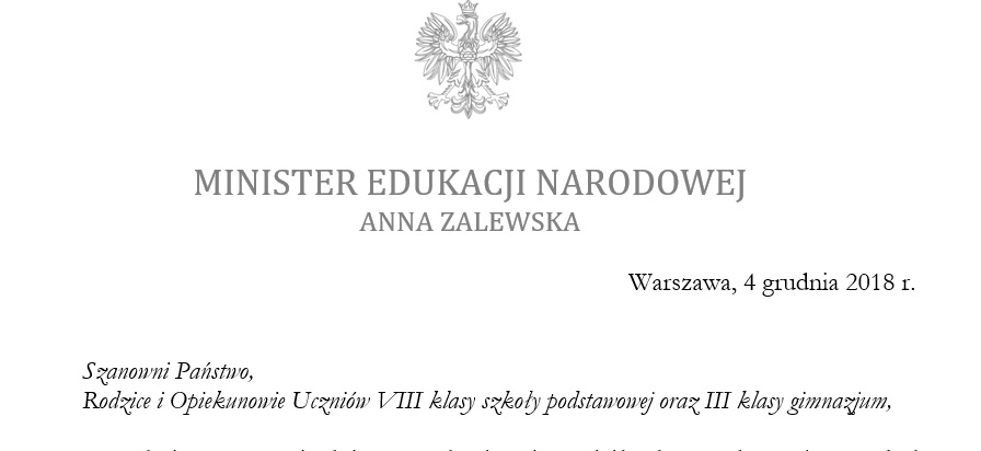 List Minister Edukacji Narodowej do rodziców klas VIII i klas III - rekrutacja do szkoły średniej.