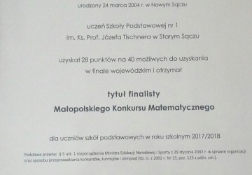 Mamy Finalistę Małopolskiego Konkursu Matematycznego