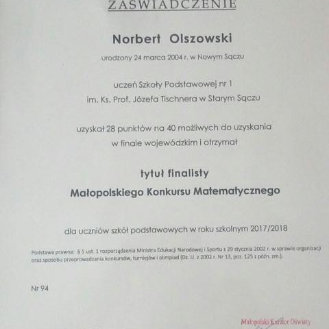 Mamy Finalistę Małopolskiego Konkursu Matematycznego