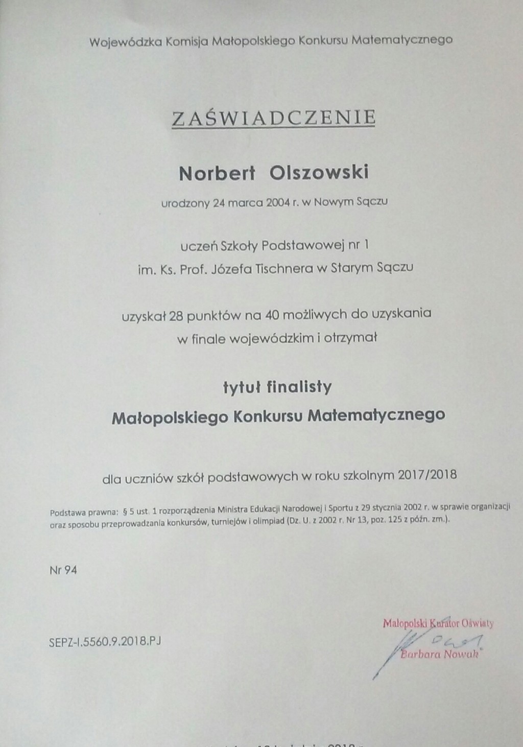 Mamy Finalistę Małopolskiego Konkursu Matematycznego