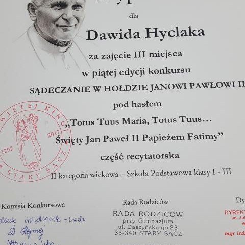 III miejsce dla ucznia 2d w gminnym konkursie